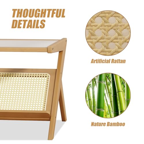 Bamworld Rattan Coffee Table Mid-Century Modern Coffee Table BambooTable with Glass Top for Living Room Office Bamworld