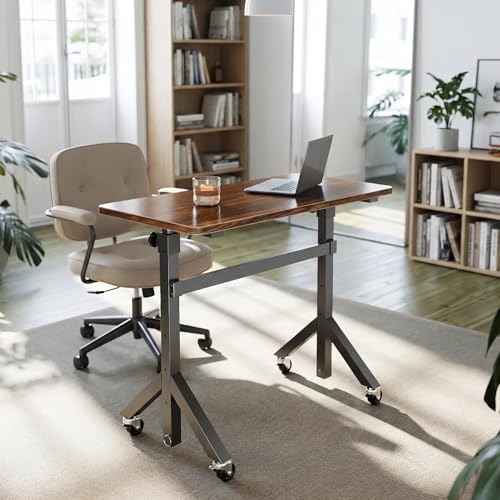 HUANUO 32'' Small Standing Desk with Wheels,28.7"-46.1" Heigh Adjustable Portable Rolling Desks,Mobile Stand Up Desk for Walking Pad and Treadmill,Sit to Stand Computer Workstation for Bedroom,Walnut HUANUO