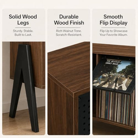 Record Player Stand with Vinyl Storage Cabinet, 32'' Mid Century Modern Turntable Console Table for Albums Display, Heavy-Duty Media Audio Bookshelf for Speakers & Stereo, Black Walnut Wood FurnPulse