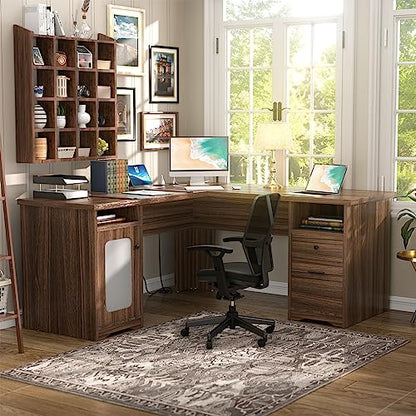 Unikito L Shaped Desk with File Cabinet, 60 Inch Large Office Desk with Power Outlets and USB Charging Ports, L Shape Computer Desk with Drawer, 2 Person Corner Executive Desk with Storage, R - WoodArtSupply