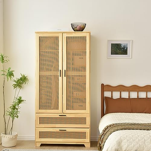 Pine Wood Closet with Rattan Doors and Two Drawers (Natural) Woodpeckers Furniture And Mattress