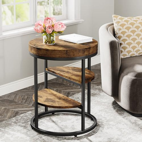 Tribesigns Round End Table, Small End Table with 3 Storage Shelves, Wood Side Table for Small Spaces, Industrial Sofa Side Table for Living Room, Rustic Brown Nightstand and Bedside Table for Bedroom Tribesigns