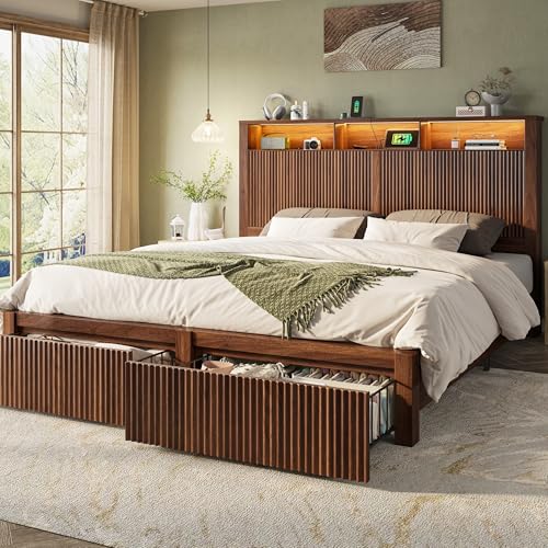 CypBed King Size Bed Frame and Headboard& 2 Storage Drawers, King Bed Frame with LED Light and Charging Port, Farmhouse Wavy Design, Wood & Metal Platform, Noise-Free, No Box Spring Needed, Walnut CypBed