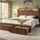 CypBed King Size Bed Frame and Headboard& 2 Storage Drawers, King Bed Frame with LED Light and Charging Port, Farmhouse Wavy Design, Wood & Metal Platform, Noise-Free, No Box Spring Needed, Walnut CypBed