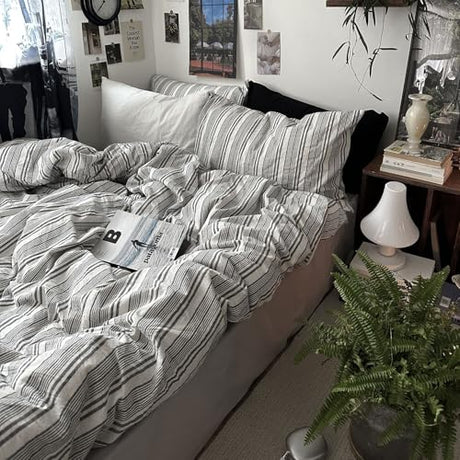 mixinni Vintage Gray & White Striped Duvet Cover Set - 3 Piece 100% Washed Cotton Queen Size Bedding | Minimalist Gender-Neutral Design | Ultra-Soft Breathable, with Zipper Closure & Corner Ties mixinni