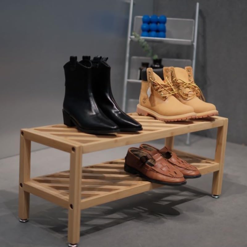Flyxiregg 2-Tier Bamboo Shoe Rack Bench, Stackable Shoe Storage Bench Organizer Free Standing Shoe Shelf for Entryway and Closet Hallway, Bamboo Rack in Different Combinations, 27.6"x10.3"x11" (Wood) Flyxiregg