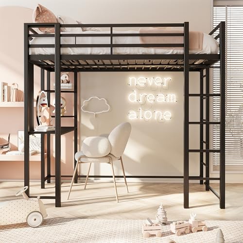 SUNLEI Loft Bed Twin Size with Desk and Safety Guard Rail, Twin Size Metal Bed Frame with Double Layer Shelves for Storage, No Box Spring Needed and 2 Security Ladders, Black