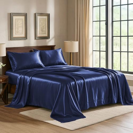 Pure Bedding Satin Sheets Twin Hotel Luxury Silky Bed Sheets - Extra Soft 1800 Microfiber Sheet Set, Wrinkle, Stain Resistant - Deep Pocket Fitted Flat Sheet, Pillow Cases (3-Piece, Midnight Blue) Pure Bedding