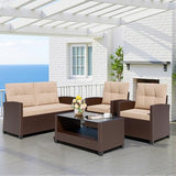 Shintenchi 4 Piece Patio Furniture Set, Outdoor Rattan Conversation Set with Coffee Table, Outside Wicker Sectional Sofa Couch with Cushion, Brown and Khaki Shintenchi