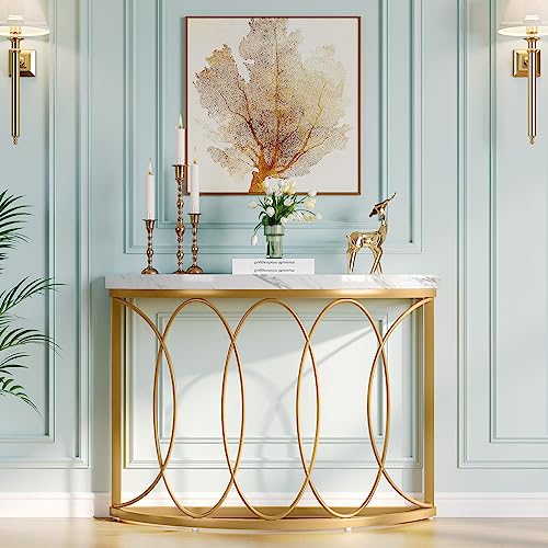 LITTLE TREE Half Moon Gold Console Table, 43 Inch Modern Faux Marble Entryway Table, Narrow Semi Circle Sofa Accent Table with Geometric Metal Frame for Living Room, Hallway LITTLE TREE