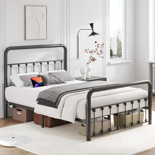 Fluest 14 Inch Full Bed Frame Classic Metal Platform Bed Frame with Charging Station & LED, Victorian Style Iron-Art Headboard/Footboard, Under Bed Storage, No Box Spring Needed, Noise Free Fluest