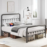 Fluest 14 Inch Full Bed Frame Classic Metal Platform Bed Frame with Charging Station & LED, Victorian Style Iron-Art Headboard/Footboard, Under Bed Storage, No Box Spring Needed, Noise Free Fluest