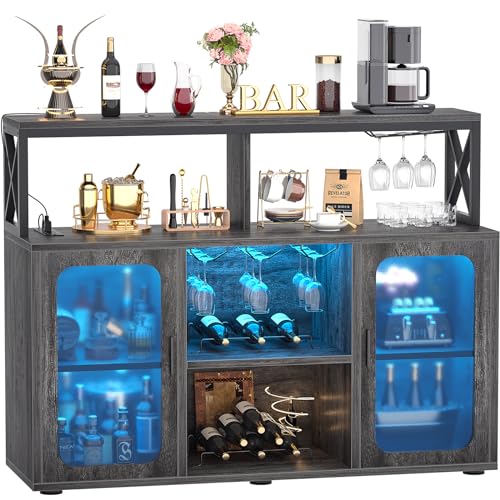 Aheaplus Bar Cabinet with Power Outlets, Liquor Cabinet with Led Lights and Glass Holder, Storage Buffet Cabinet Coffee Bar Cabinet for Liquor, Wine Cabinet with Racks for Home, Kitchen, Grey Oak