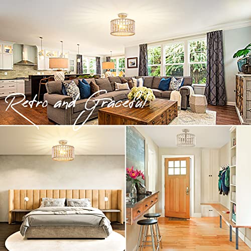 Wood Beaded Chandelier - Farmhouse Boho Light Fixture, Rustic Semi Flush Mount Ceiling Light, Oak 2 Lights Nursery Light Fixture for Hallway Foyer Bedroom Kitchen Island Living Room, E26 Base Frelii