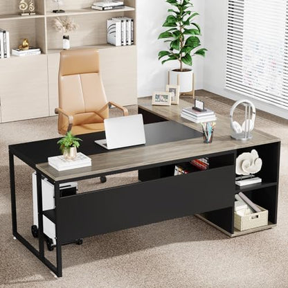 Tribesigns 71 inch Executive Desk, L Shaped Desk with Cabinet Storage, Executive Office Desk with Shelves, Business Furniture Desk Workstation for Home Office, Gray - WoodArtSupply