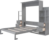 Queen Murphy Bed with Storage Drawers,LED Lights and Shelves,Wood Murphy Wall Bed Cabinet for Adults (Grey) MERITLINE