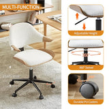 Art Leon Swivel Desk Chair, Mid Century Modern Office Chair with Wheels, Boucle Fabric Upholstered Arm Chair, Adjustable Height Task Chair with Metal Base, Washed Oak Bentwood, White Art Leon