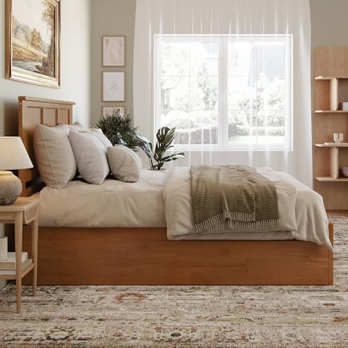 AFI Madison Queen Solid Wood Platform Bed with Footboard & Twin XL Trundle in Light Toffee AFI
