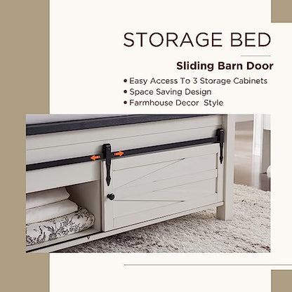 Farmhouse King Size Bed Frame with Sliding Barn Door Storage - JXQTLINGMU Antique White - WoodArtSupply