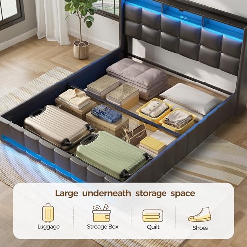 Rolanstar Bed Frame Twin Size with Lift Up Storage, Charging Station & LED Lights, Upholstered Storage Headboard, Heavy Duty Wooden Slats, No Box Spring Needed, Noise Free, Easy Assembly, Black Rolanstar