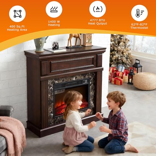 CKEASEAN 42 inch Electric Fireplace with Mantel, Portable Freestanding Wood Stove with Remote Control, 23'' Fireplace Insert Heater,1400W Realistic 3D Flame Stacked Stone Surround (42" W Dark Cherry) CKEASEAN