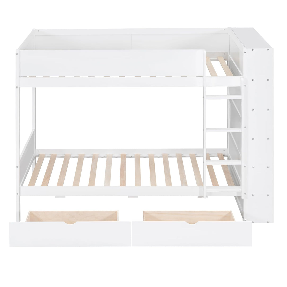 Twin Over Twin Bunk Bed with Bookcase, Wood Bunk Bed Frame with 2 Drawers and Multi-Layer Cabinet Storage Shelves, Bed with High Guardrails for Kids Teens(White, Twin) THINK 30