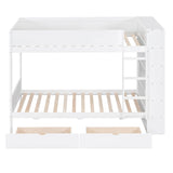 Twin Over Twin Bunk Bed with Bookcase, Wood Bunk Bed Frame with 2 Drawers and Multi-Layer Cabinet Storage Shelves, Bed with High Guardrails for Kids Teens(White, Twin) THINK 30
