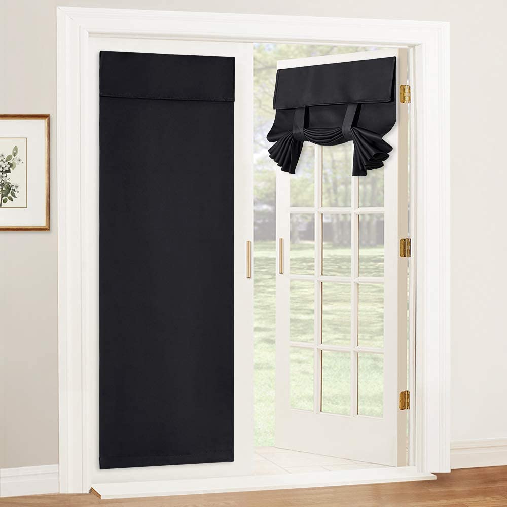 RYB HOME Blackout Door Curtain - Tricia Window Shades Thermal Insulated Light Block French Curtain Tie up Shades Energy Efficient Double Door Blind, 26 x 69 inches, Black, 1 Panel RYB HOME