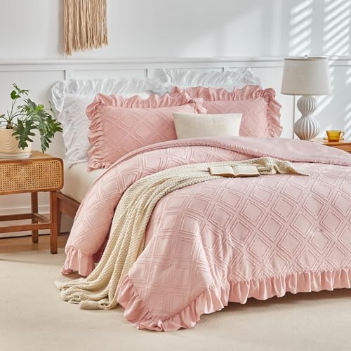 Tufted Ruffle Comforter Set Twin Size, 3 Pieces Blush Pink Ruffled Farmhouse Comforters, Luxury Solid Soft and Embroidery Shabby Chic Boho Bohemian Bedding Set for Girls (1 Comforter + 2 Pillowcases) Flysheep