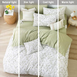 LEMIROE Botanical Cotton Comforter Queen Size - Tender Green Comforter Printed with Leafy Branches & Purple Stamens on Off-White,Reversible Lightweight Bedding Sets 3Pcs LEMIROE