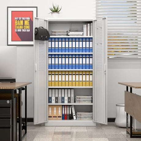 JAORD Metal Storage Cabinet with 5 Adjustable Shelves and Pegboard, 71" H White Garage Storage Cabinet with Doors, Metal File Cabinet for Garage,Home, Office, White, Assembly Required JAORD