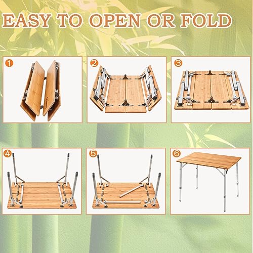 KingCamp Bamboo Folding Table Environmental Camping Table with Adjustable Height Aluminum Legs Heavy Duty 4-Folds Portable Camp Tables for Travel, Picnic, Party, Beach, 1-2 People KingCamp