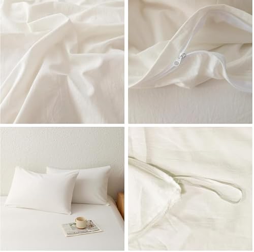 linenestbedding 100% Washed Cotton Duvet Cover Set King Size with Bag Ultra Soft and Lightweight, All Season Bedding with Zipper and Ties, Minimalist Neutral Style (Warm White, King (104"x90")) linenestbedding