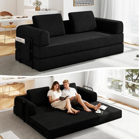 Nivayor 78'' Sleeper Couch Bed for Living Room, Convertible Modular Sofa with Fixed Frame and Side Pocket, Corduroy Futon Boneless Couches in a Box, No Assembly, Black Nivayor