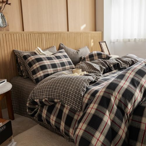 EAVD Vintage Red&Black Plaid Duvet Cover Queen Soft 100% Muslin Cotton Retro Grid Checkered Bedding Set with 2 Pillowcases Reversible Gingham Duvet Cover with Zipper Closure EAVD
