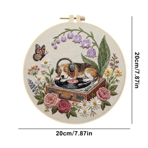 Needlework Embroidery Kit for Beginners,Dog and Record Player Pattern Handmade Cross Stitch Sewing Craft Kit,7.87 inch Hoop,Floss & Needles for Craft Lover Gifts 29 * 29cm