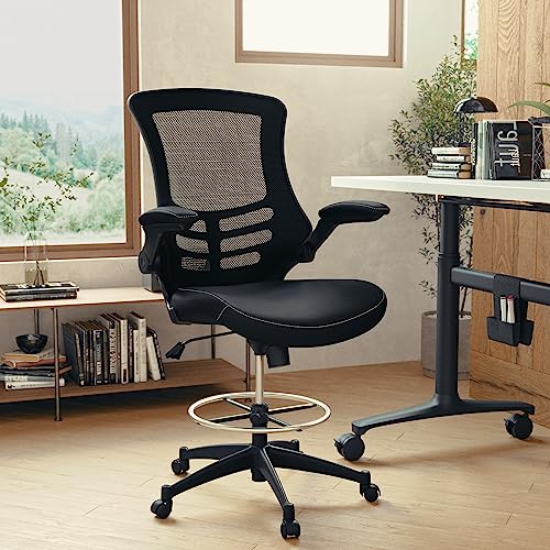 Flash Furniture Kelista Mid-Back Swivel Office Chair with Adjustable LeatherSoft Seat Height, Ergonomic Mesh Chair with Flip-Up Arms, Black Flash Furniture