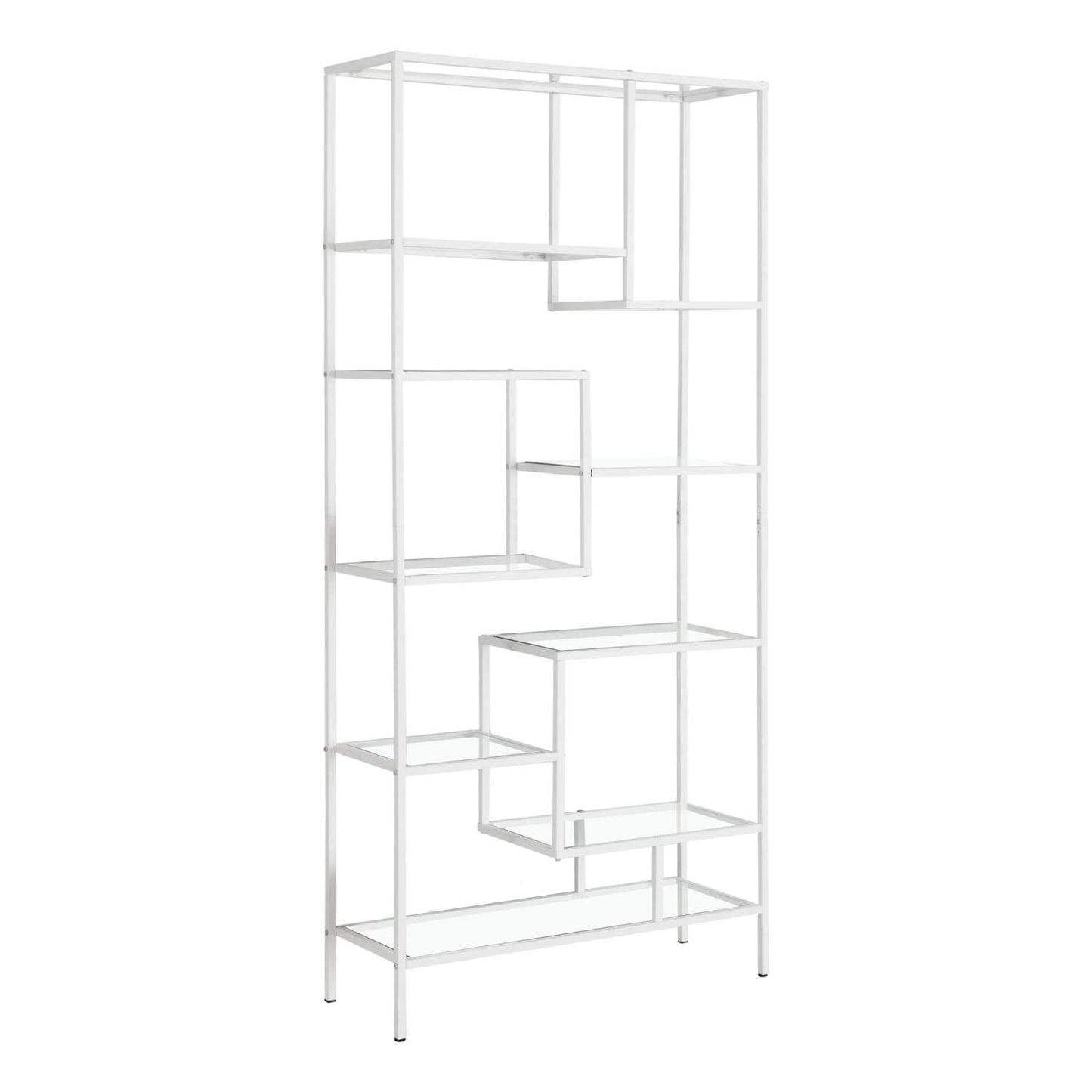 Contemporary White Metal Bookcase with Clear Tempered Glass Shelves - Monarch Specialties 7159 - WoodArtSupply