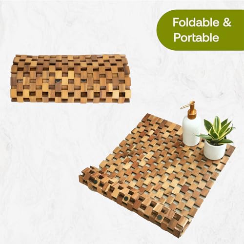 GREEN ALLUVIUM Acacia Wood Bath Mat - Non Slip Sturdy Wooden Bathroom Mat - Outdoor Wooden Shower Mat for Indoor & Outdoor Shower, Spa, Sauna, Cold Plunge, Camping 20" x 32" GREEN ALLUVIUM