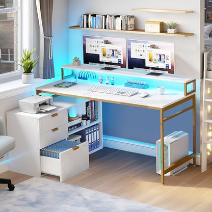 DWVO L Shaped Desk with File Cabinet & Power Outlets, 55" Computer Desk with Drawers, Corner Desk Office Desk with LED Light, White & Gold