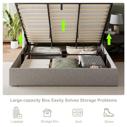 Feonase King Lift-Up Storage Bed Frame with Charging Station and Wingback Design in Light Gray - WoodArtSupply