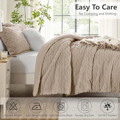 Homelike Moment Fluffy Comforter Set Queen Size, Beige Warm Fleece Comforter Full Size Bed Set for Winter 3 Piece Homelike Moment