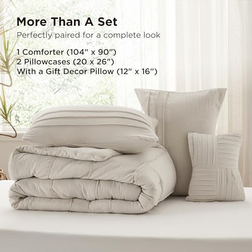 Bedsure Beige King Size Comforter Set - 4 Pieces Pinch Pleat Bed Set, Down Alternative Bedding Sets for All Season, 1 Comforter, 2 Pillowcases, 1 Decorative Pillow Bedsure
