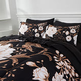 Yogeneg 7 Piece Bed in a Bag Queen Comforter Set Botanical Floral Bedding Set,White Flowers Leaves Printed on Black Reversible Design,Soft Microfiber Comforter with Sheet Set,All Season Yogeneg