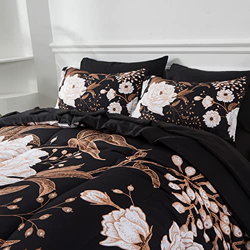 Yogeneg 7 Piece Bed in a Bag King Size Comforter Set Botanical Floral Bedding Set,White Flower Leaves Printed on Black Reversible Design,Soft Microfiber Comforter with Sheet Set,All Season(Black,King) Yogeneg