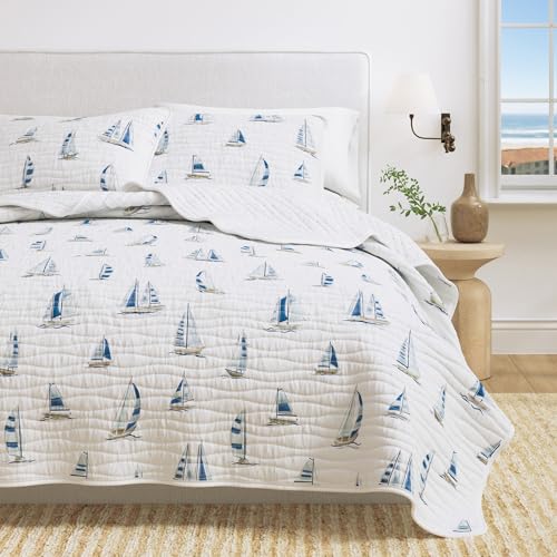 Great Bay Home Coastal Quilt Set - 2-Piece Twin/Twin XL Size Nautical Bedding Set - Lightweight, All-Season, Reversible Bedspread (Blue Watercolor Sailboats) Great Bay Home
