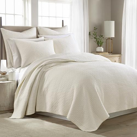 Levtex Home Cross Stitch Reversible Full/Queen Quilt Set (88x92in) with 2 Pillow Shams (26x20in) - Stitch Texture - Cream - Cotton Full/Queen Size Quilt Bedding Set - Lightweight, Soft, Pre-Washed Levtex Home