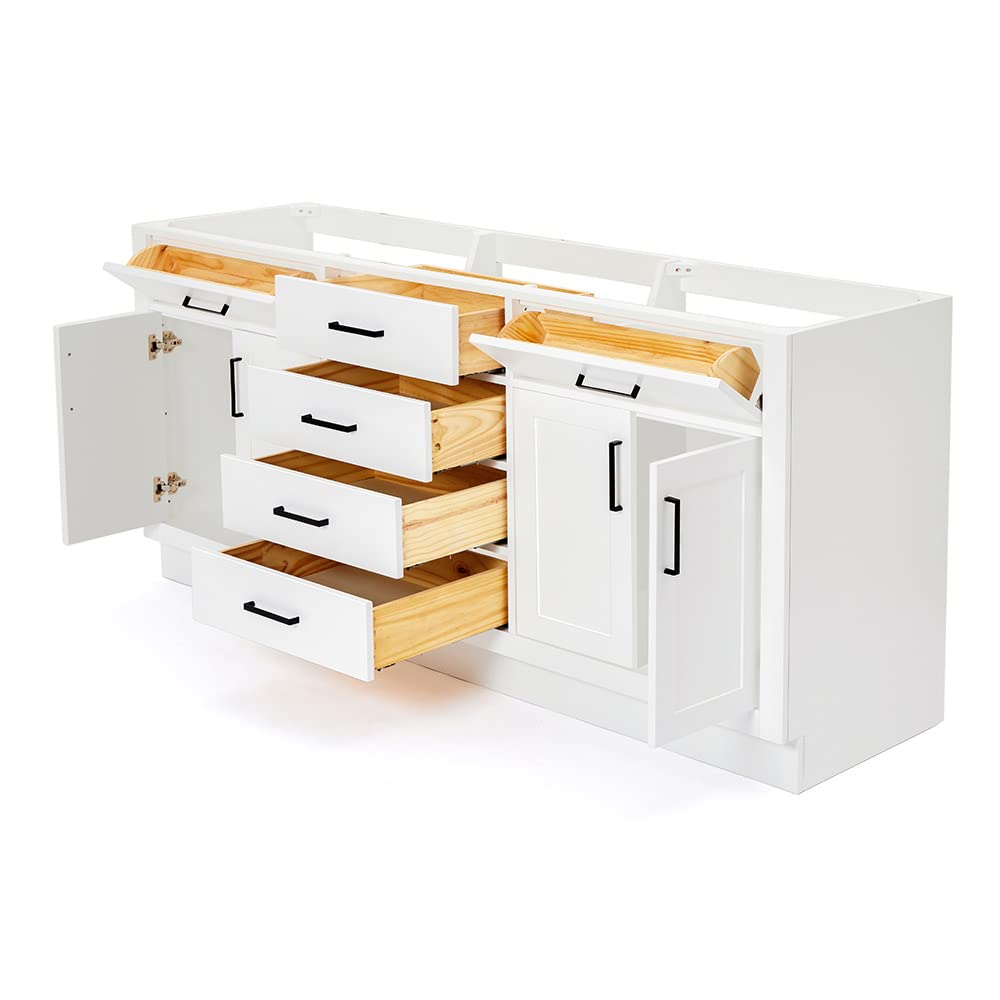 ARIEL Double Bathroom Vanity Base Cabinet 72" White, Double Sink Configuration, 4 Soft Closing Doors, 6 Full Extension Dovetail Drawers, Toe Kick, Matte Black ARIEL