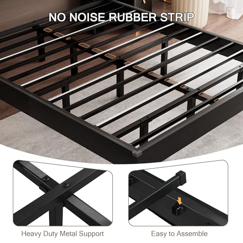Einhomn Full Size Bed Frame with LED Lights & Charging Station – Kids Wood Floating Bed Frame with Storage Headboard, Adhesive Slats, Kick-Free & Noise-Free Design, Easy Assembly, Black Einhomn