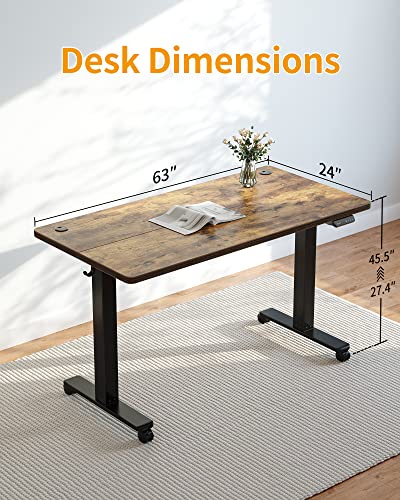 CubiCubi Electric Standing Desk, 63 x 24 Inches Height Adjustable Sit Stand Desk, Ergonomic Home Office Computer Workstation, RusticBrown - WoodArtSupply